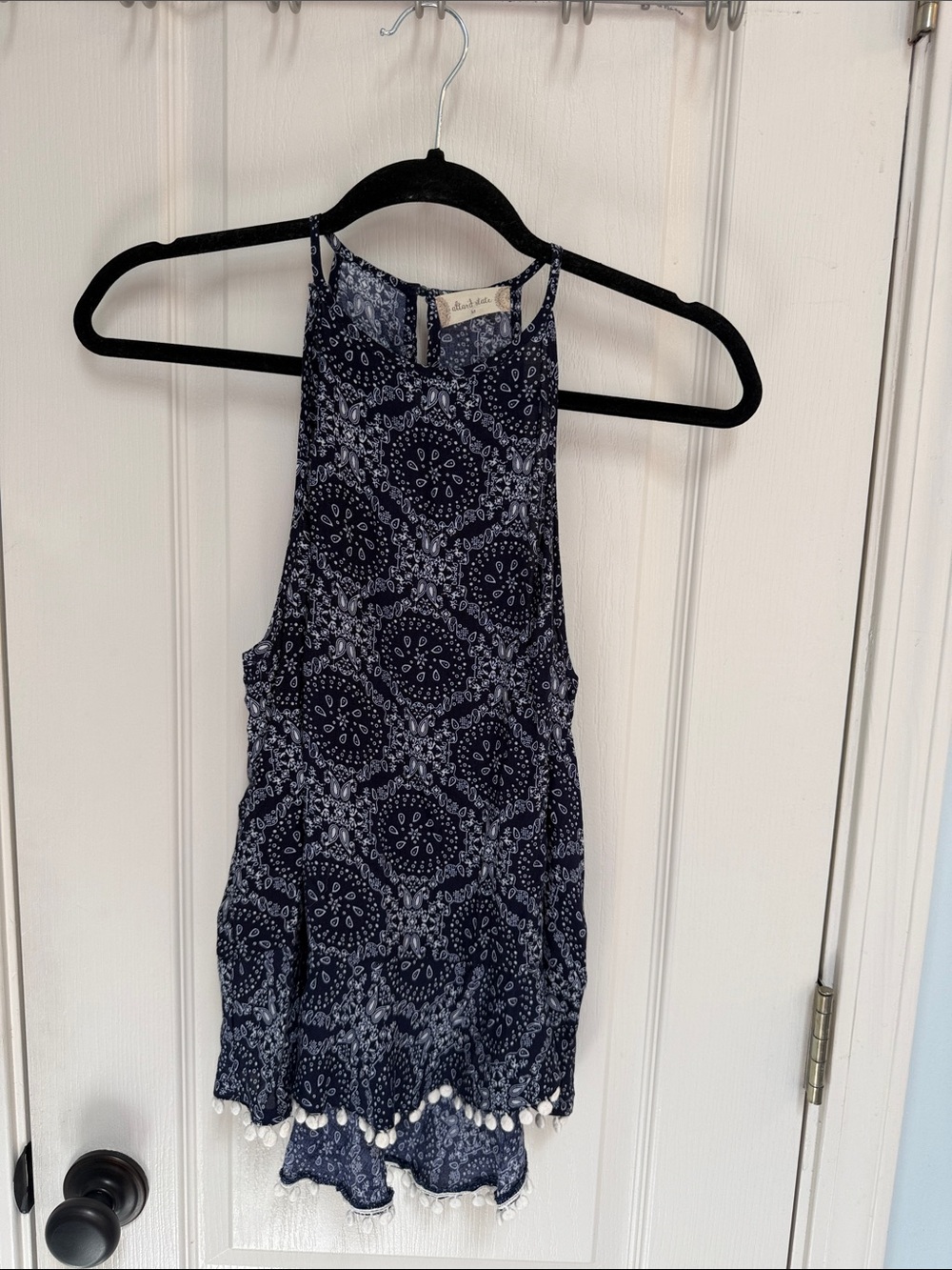 Altar'd State Navy Medallion High-Neck Camisole with Pom Trim